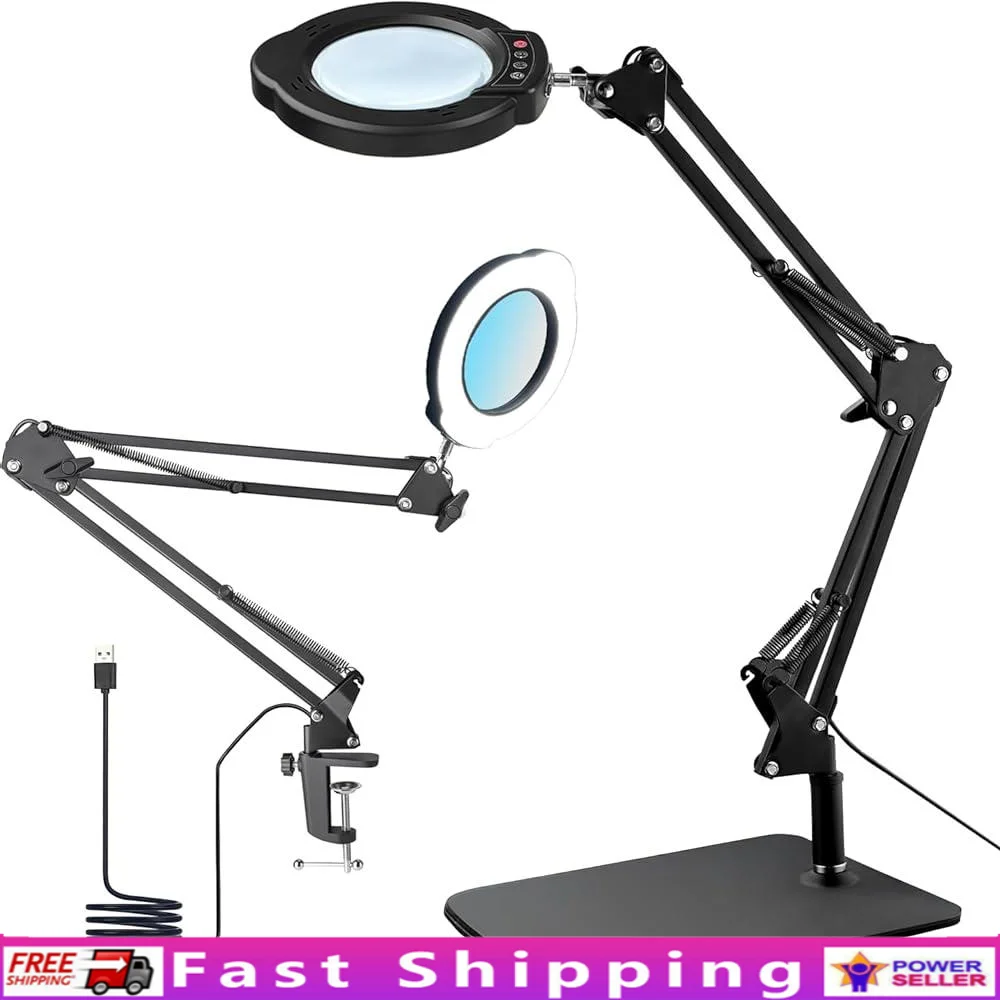 

15X Magnifying Glass Desk Lamp with Clamp and Base 5 Color Temperature 10 Dimmable Levels LED Beads Adjustable Arm Optical Glass