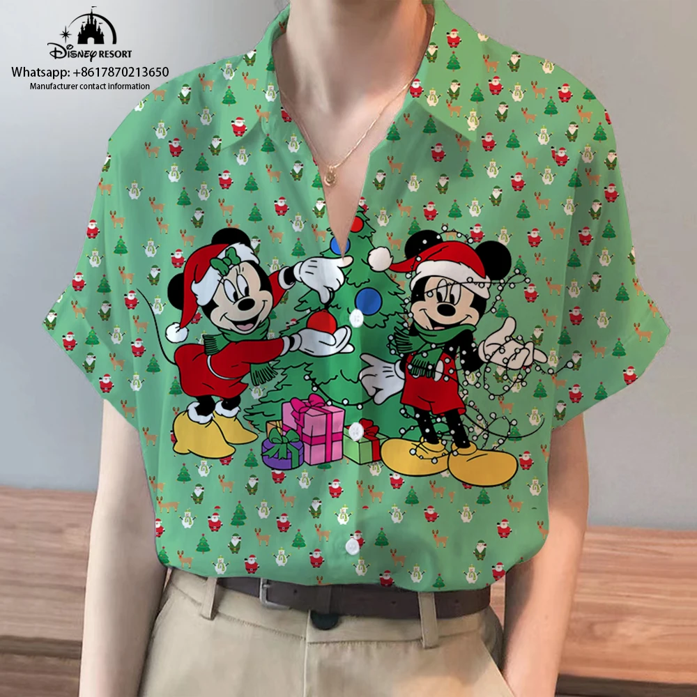 

New Boho Disney Brand Christmas Mickey and Minnie Anime Short Sleeve Shirt Summer Casual Beach Party Ladies Kawaii Top y2k