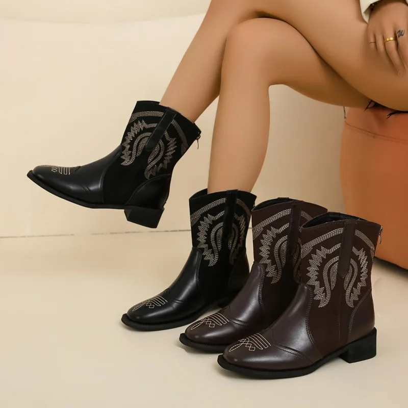 

Весенне-осенние новые стильные модные однотонные женские ковбойские сапоги до середины икры с рукавами до середины икры с вышивкой в стиле вестерн