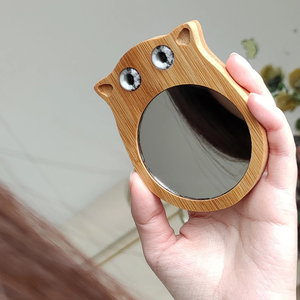 

2 Pcs Cute Cat Makeup Mirror Portable Mini Vanity Shaped Wooden Foldable Travel