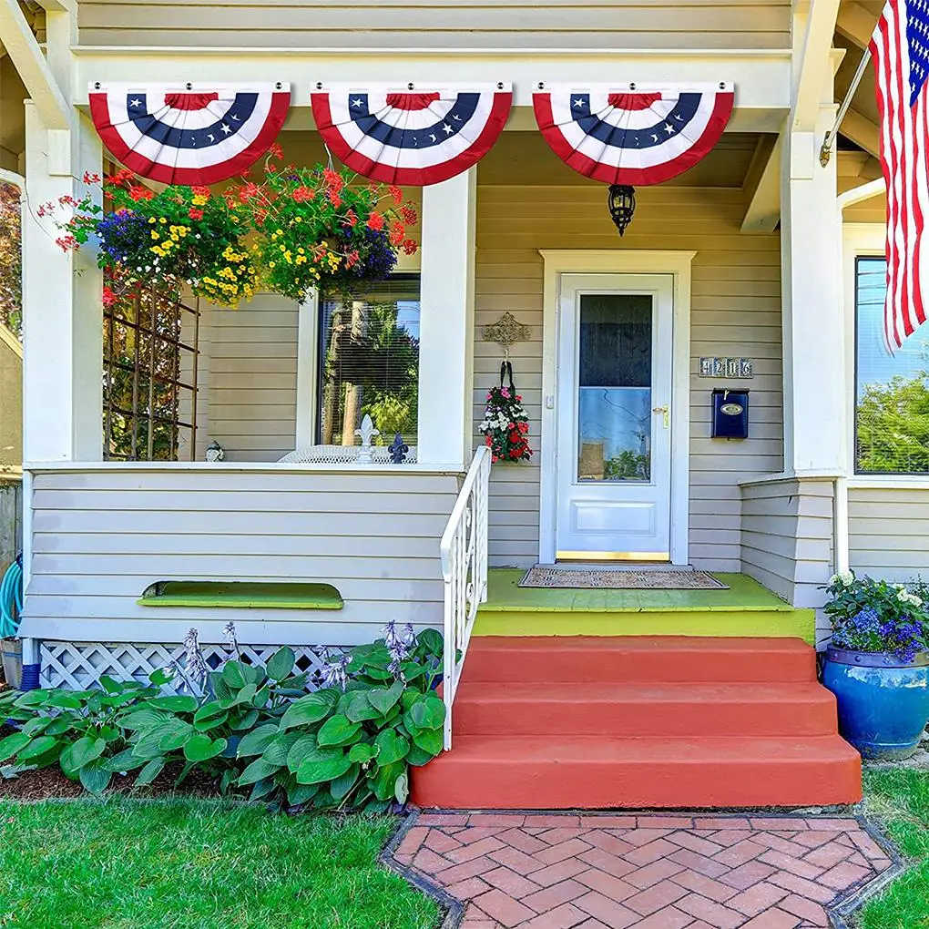 Independence Day Flag Striped Stars Printing Pleated Fan Shaped USA National Day Half Flag Home Garden Decoration Hanging Flags