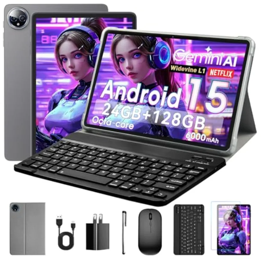 10 Inch Tablet for productivity and entertainment aluminum-gray matte finish Android 15 with 24GB RAM + 128GB ROM 1TB expandabl