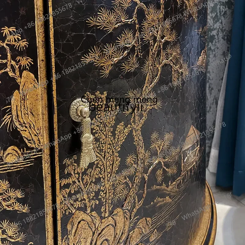 D178 Y yj French Retro Triangle Display Cabinet Solid Wood Hand-Painted Cloth Crack Distressed Art Glass Wine Cabinet