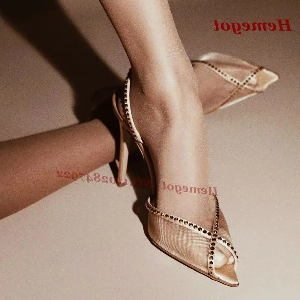 Women's Clear Pointed Toe High Heels Rhinestone Slingback Stiletto Sandals Elegant Transparent Party Wedding Shoes Patchwork