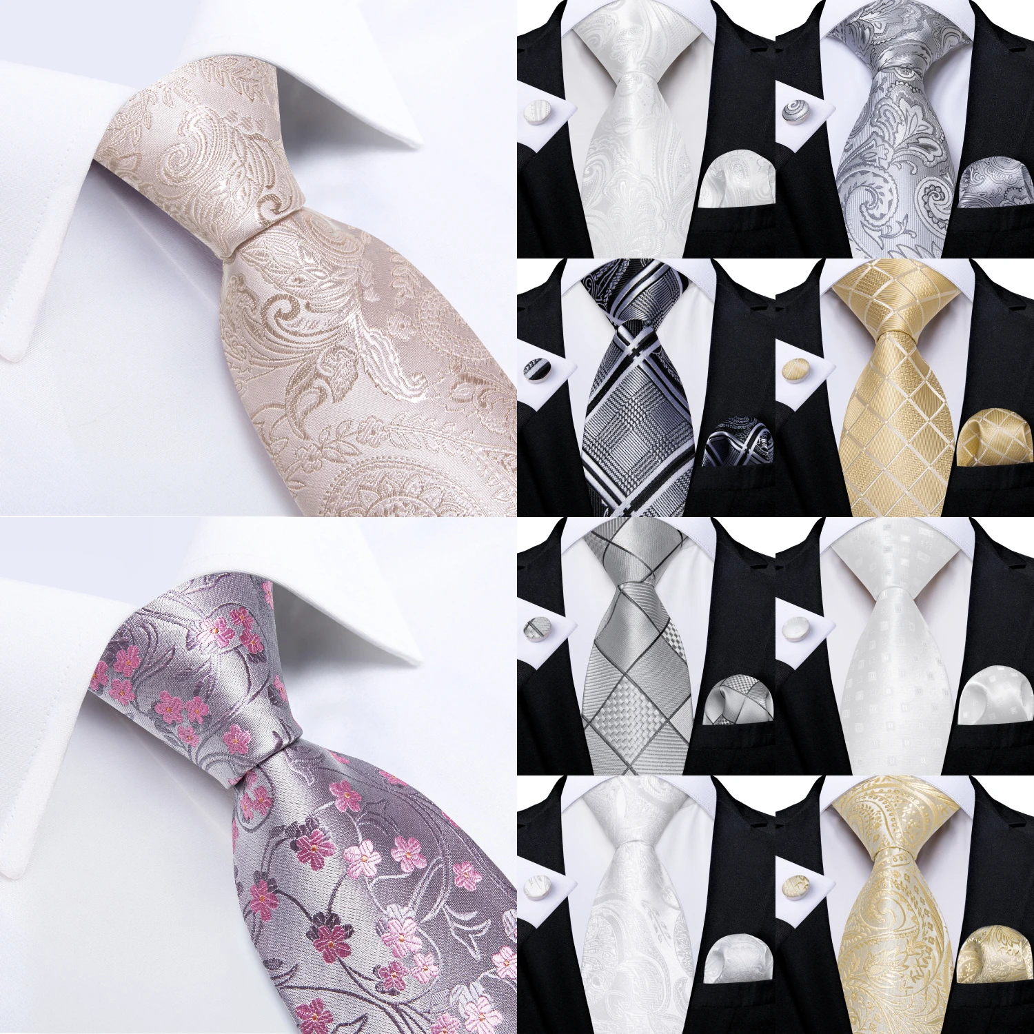 White Silver Apricot Ties for Men Striped Paisley Floral Wedding Party Formal Necktie Handkerchief Cufflinks Gift Dropship