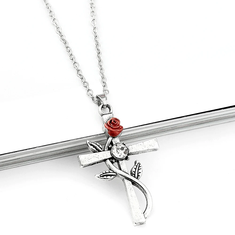 Aesthetic Rose Flower Cross Necklace Fashion Exquisite Design Pendant Jewelry Accessory for Women