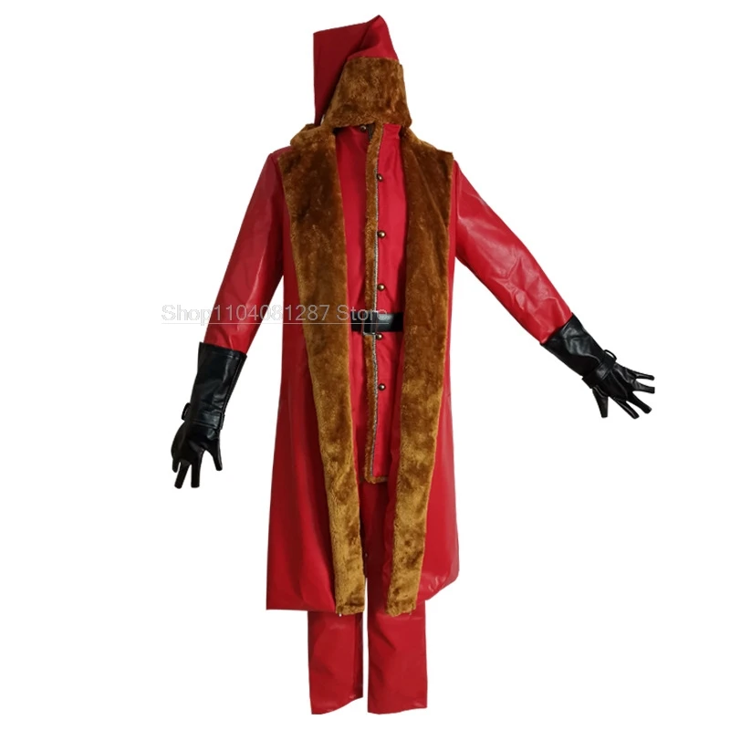 Red Leather Winter Suit Father Christmas Santa Claus Cosplay Costume Red Full Set Hat Gloves Coat Pant Man Women Party Roleplay