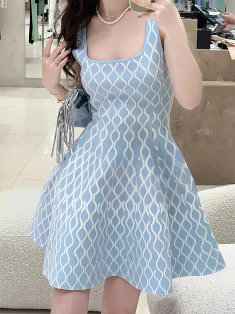 U-shaped collar sleeveless knit dress temperament casual elastic Slim A-line women's short dresses 2025 spring new