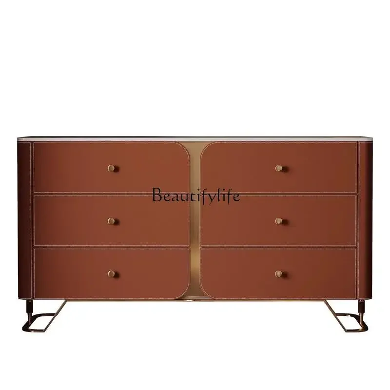 

ls 42Saddle leather dining side cabinet light luxury rock slab modern simple entrance cabinet