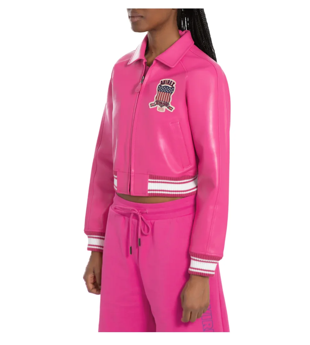 Avirex-Chaqueta clásica de piel de oveja antigua europea para mujer, abrigo de cuero rosa, Chaqueta de traje de vuelo de bombardero, tops de