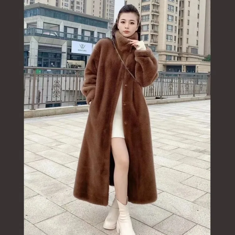 도파민 환경 친화적인 인조 모피 코트 여성용 두꺼운 따뜻한 스탠드 업 칼라 중간 및 긴 얇은 하이 엔드 패션