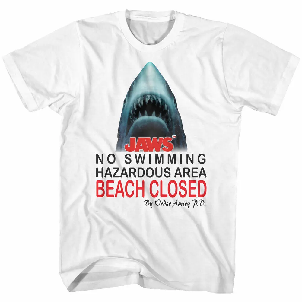 Jaws Movie Mens T-Shirt Beached Closed Sharks New 100% White Cotton