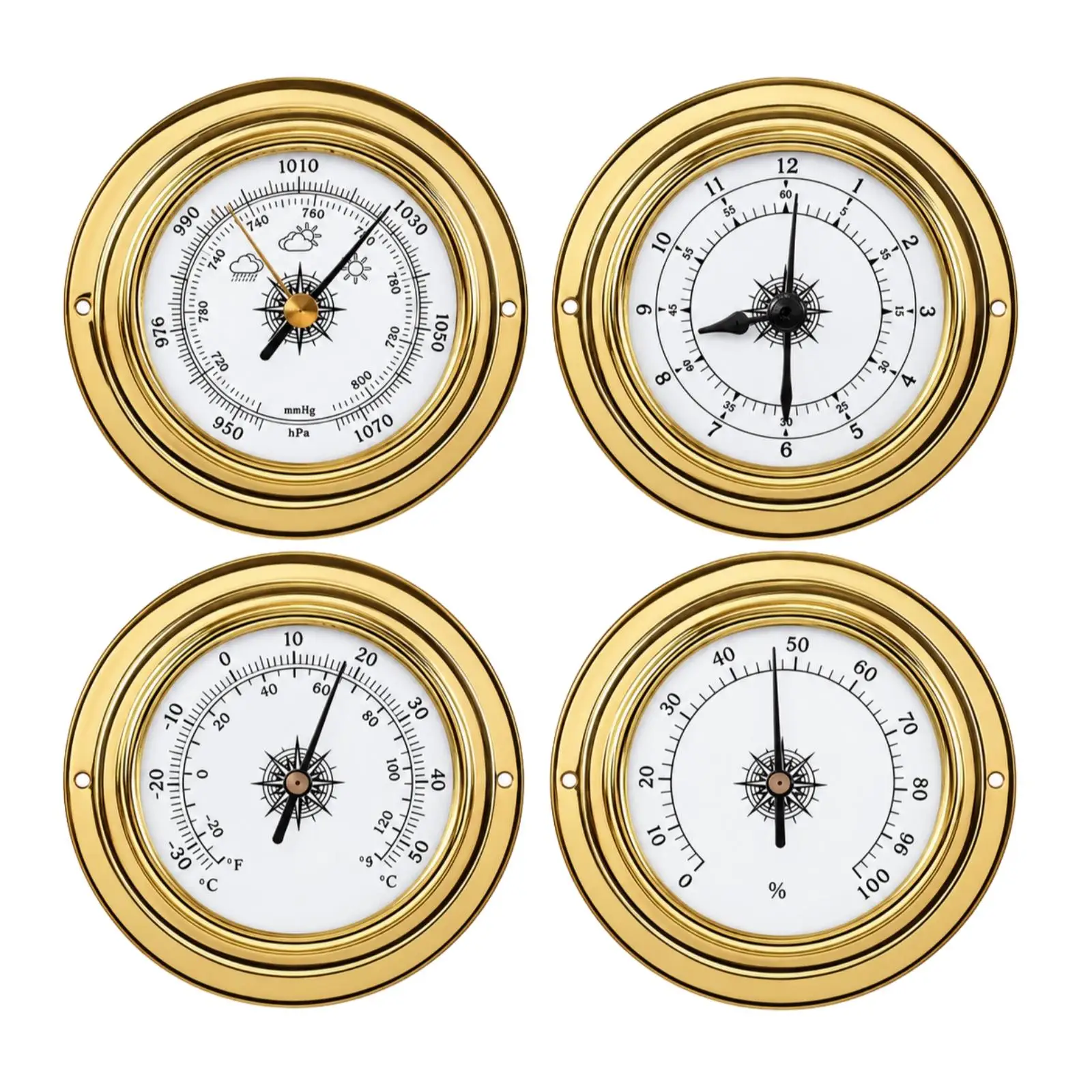 Analog Barometer Clock Weather Station Set Metal Housing 4 Gauges Temperature Humidity Pressure Time Monitor for Cabin Boat