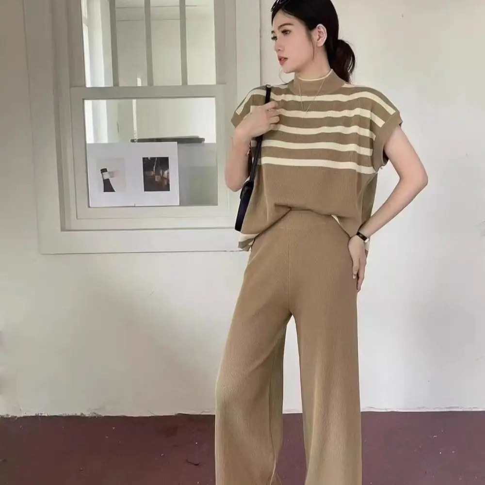 

Модный трикотаж с коротким рукавом, укороченный топ, свободная женская одежда, полосатая вязаная футболка, нижняя рубашка, повседневный топ, женский летний