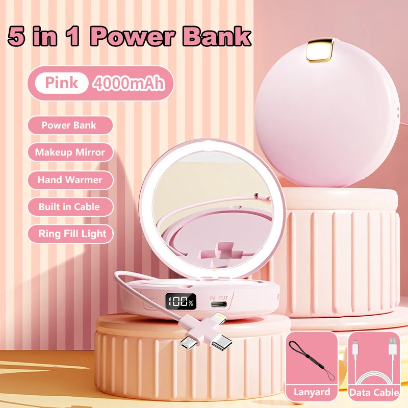 

5 in 1 Hand Warmer Power Bank Makeup Mirror with Light Portable Charger Powerbank for iPhone 17 Samsung Xiaomi External Battery