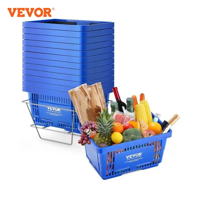 VEVOR 12pcs Shopping Basket  24L Plastic Grocery Basket with Handle Stand Portable Shop Basket Bulk Used for Store Supermarket