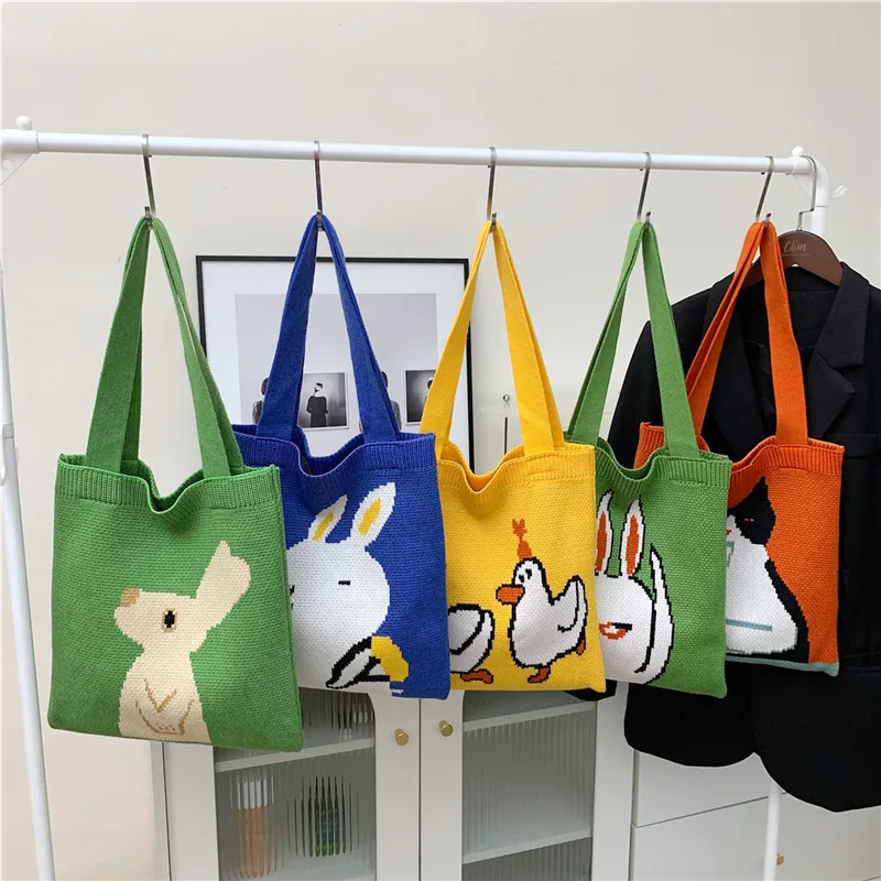 

Japanese Ins Style Cute Cartoon Woolen Duck Woven Bag Ladies Handbag Casual Tote Literary Book Bag Wool Shopping Bag for Girls