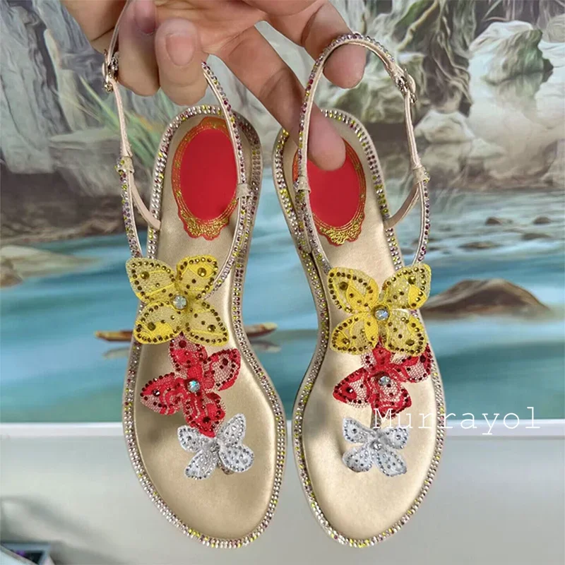 Sandals Bling Rhinestone Ornament Satin Pinch Toe Flat Bottom Sandalias Women's Flower Decor Summer Seaside Vacation Shoes