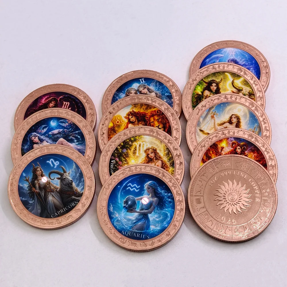 12 Zodiac Signs Goddess Art .999 Pure Copper Commemorative Coin 1oz Color Printed Copper Coin Lucky Home Decor Collectible Gift