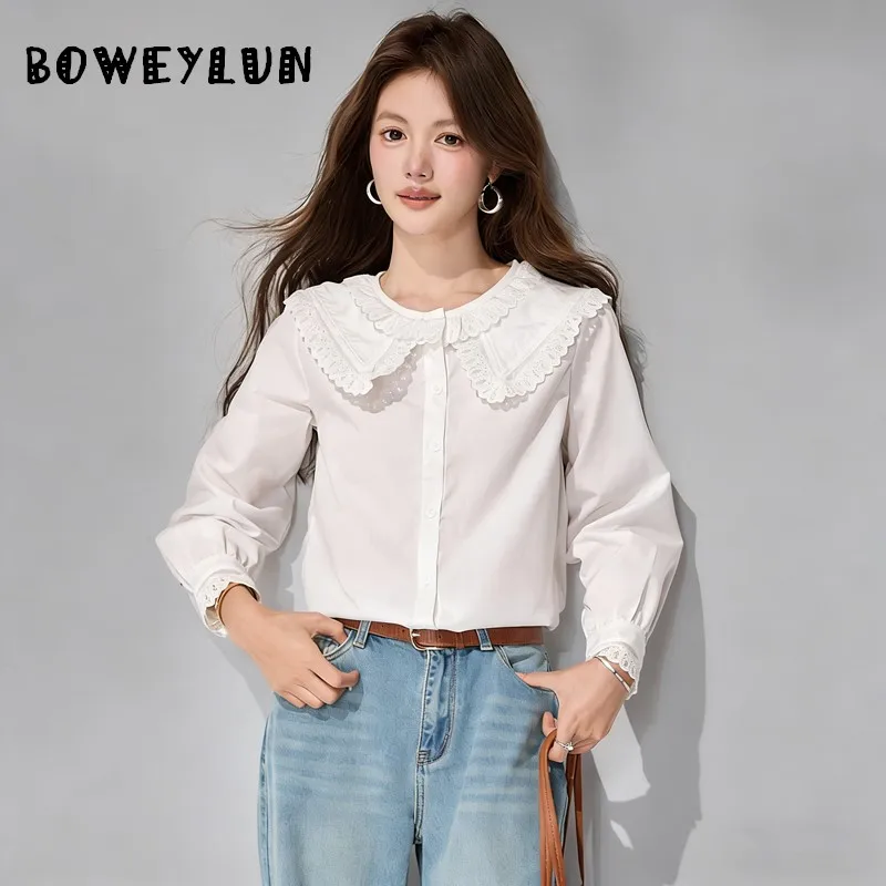 

Женская блузка BOWEYLUN с воротником Питер Пэн, рюшами и длинными рукавами, весенняя, белая, для офиса