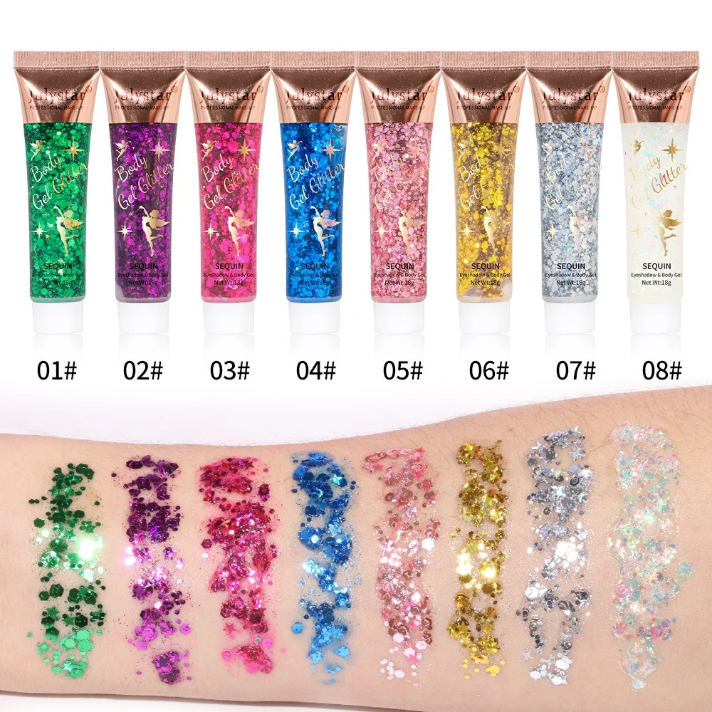 Glitzer-Gel im Meerjungfrau-Skala, schillernd, mehrfarbig, für Gesicht, Lippen, Körper, Bühne, Make-up, wasserbasierter, schnell trocknender Pailletten-Lidschatten