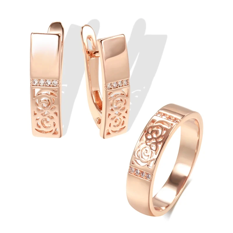 Wbmqda Hollow Flower Drop Earrings Ring For Women 585 Rose Gold Color With White Natural Zircon Vintage Ethnic Jewelry Sets