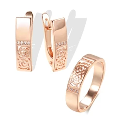 Wbmqda Hollow Flower Drop Earrings Ring For Women 585 Rose Gold Color With White Natural Zircon Vintage Ethnic Jewelry Sets