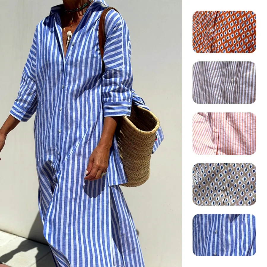 

【New style】 women's clothing new style five-quarter sleeve striped cardigan lapel shirt dress 8061
