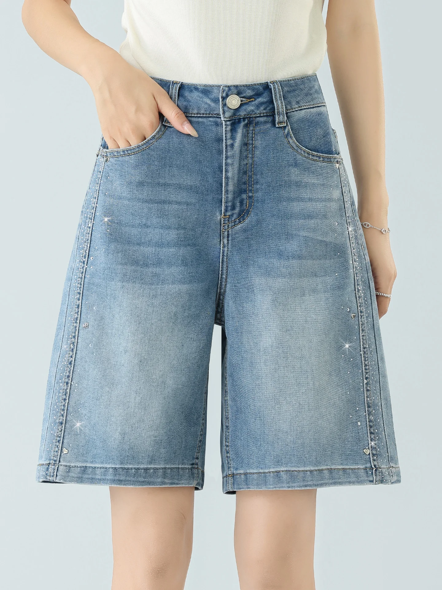 

High Waist Wide Leg Short Jeans Women's Summer Thin New Style Dreamy Elegant Casual Cotton Polyester Spandex Denim Skinnifying
