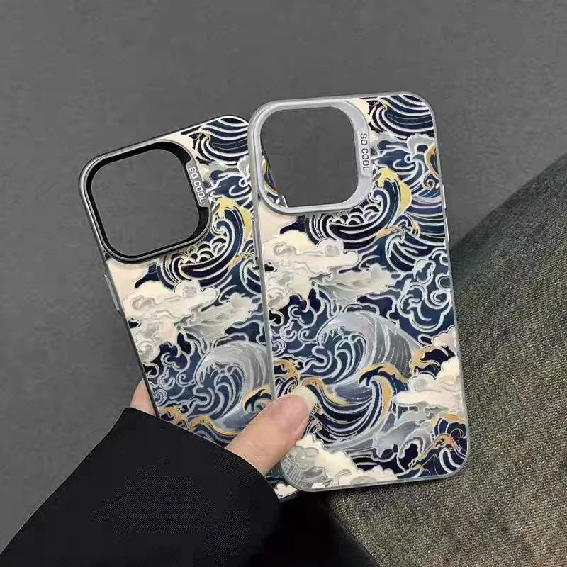 Japanese Waves Electroplate IMD Phone CaseFor Xiaomi Poco F6 X6 F5 X5 M6 Pro 4G Mi 13 12 11 Lite 5G NE 14T 13T 12T Pro Cover