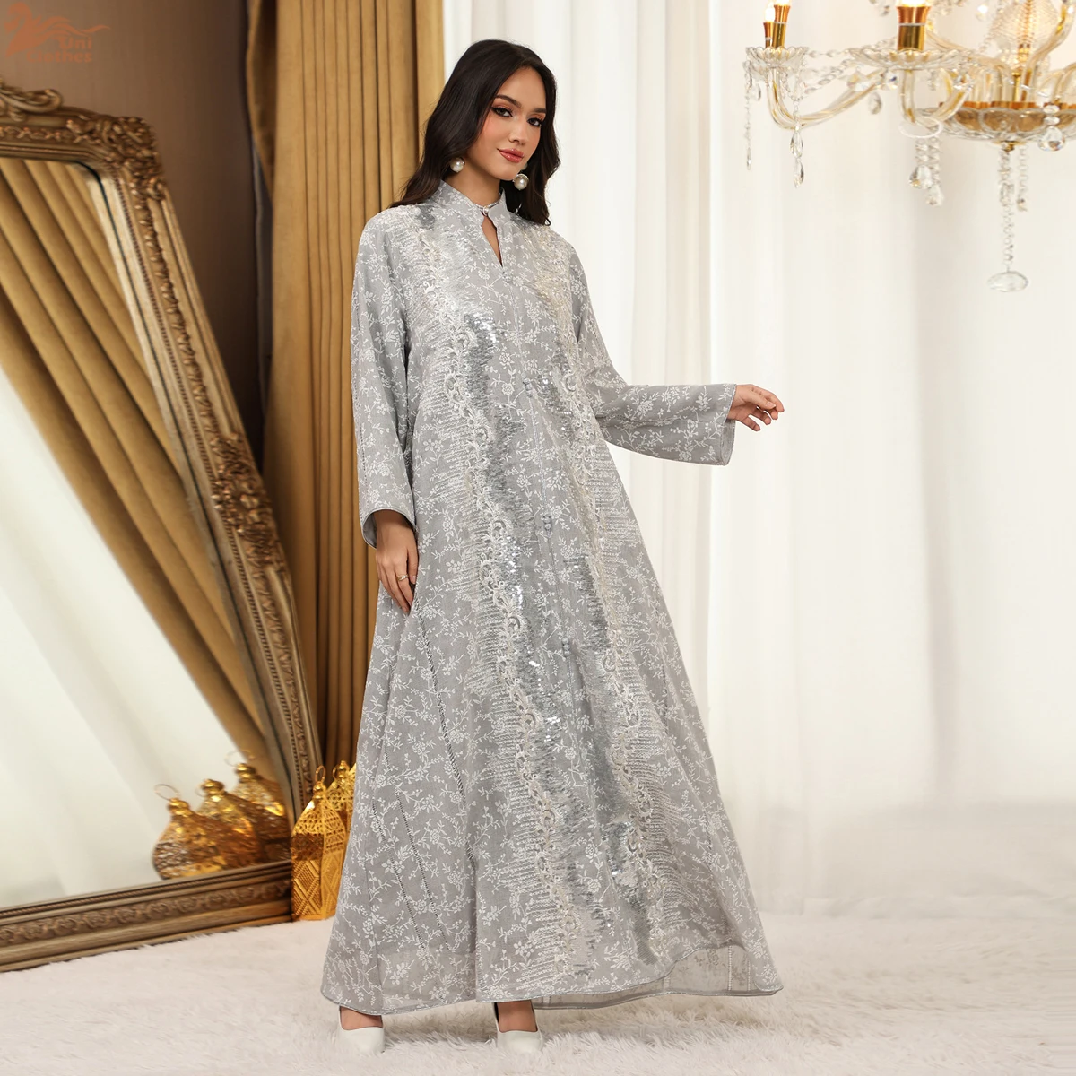 

Uni Ramadan Moroccan Floral Embroidery Abaya Dubai Beaded Bright Line Decoration Kaftan Luxury Woman Evening Dress