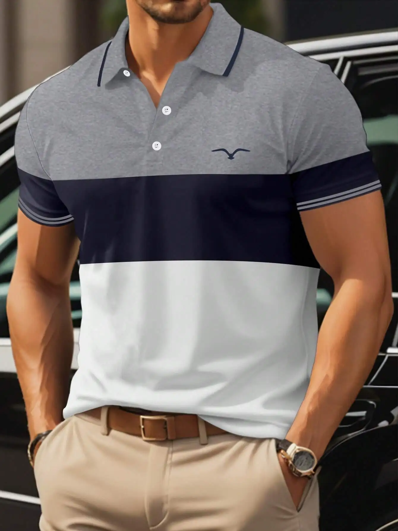 

Мужская рубашка-поло с коротким рукавом и цветными вставками, повседневный крой для ежедневной носки