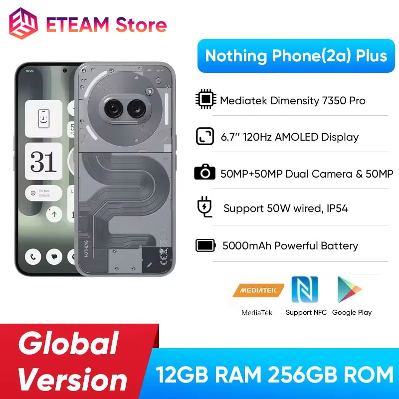 Ponsel versi Global tidak ada 2a Plus MediaTek Dimensity 7350 Pro 5G 6.7 "120Hz AMOLED fleksibel kamera depan 50 MP 5000 mAh