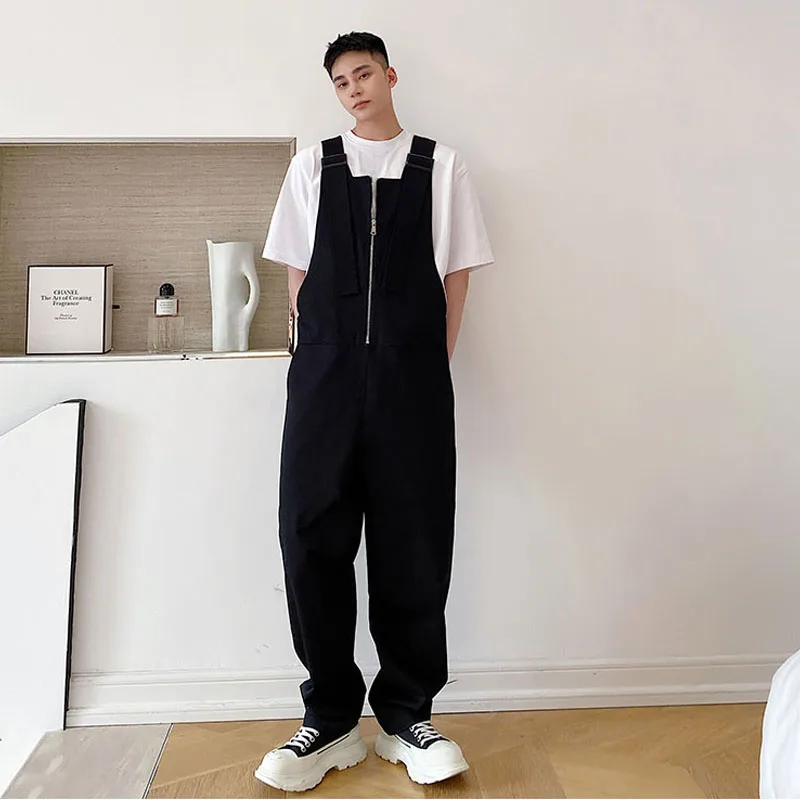 

2023Loose Overalls Men Pants Korean Men's Japan Casual Streetwear Fashion Black White Bib Pant Male Cargo Jumpsuit Trousers