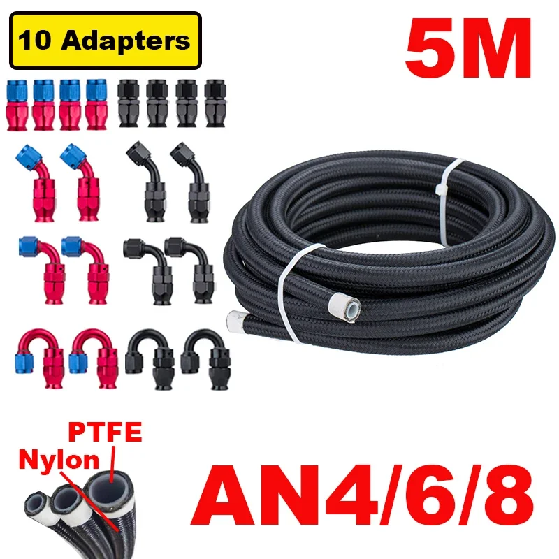 

5M 16ft AN4 AN6 AN8 E85 Tube Nylon Stainless Steel Braided PTFE Black Car Fuel Line Fittings Kit with 10pcs Swivel Hose Ends