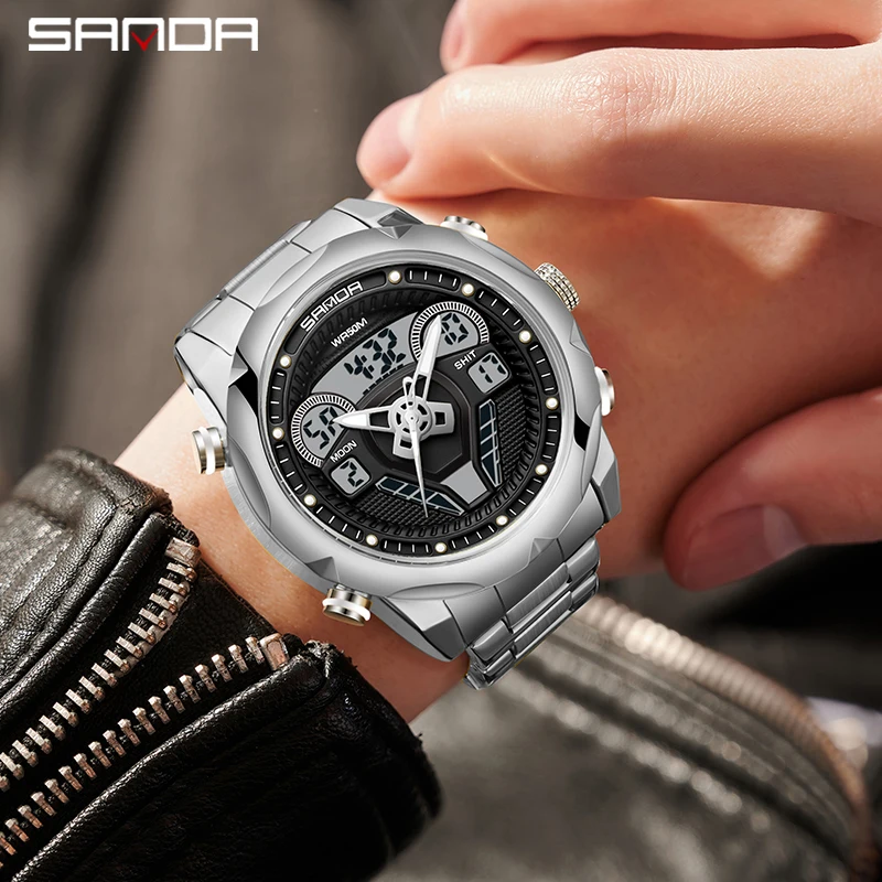 SANDA 9022 Steering Wheel Design Watch Fashion Men\'s Sport Watches Chronograph Quartz Wristwatch Military Waterproof Steel Clock