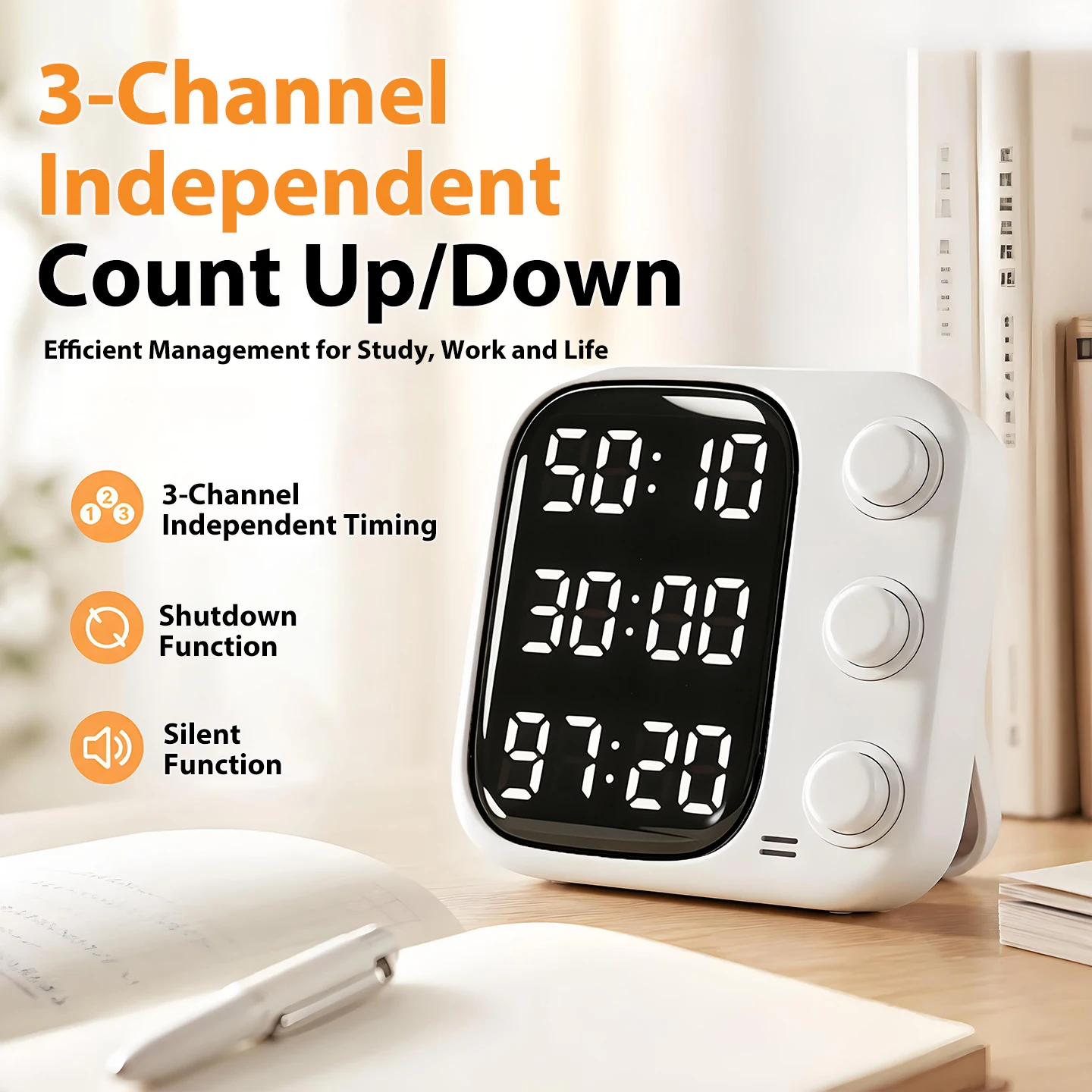 Digital Kitchen Timer 3-Channel Independent Count Up/Down Timer with Alarm, Magnetic Back Cooking Timer for Home School Office
