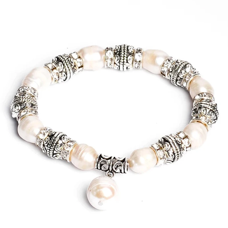 Natural Round Freshwater Pearls Beads Bracelet Alloy Charms Spacers Beads Strand Bracelets for Women image 2