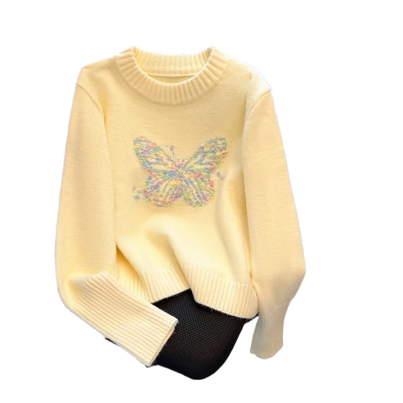 

Bow Embroidery Jacquard Pullover Sweater Women's Spring Autumn New Sweet Round Neck Top Loose Long Sleeved Versatile Knitwear