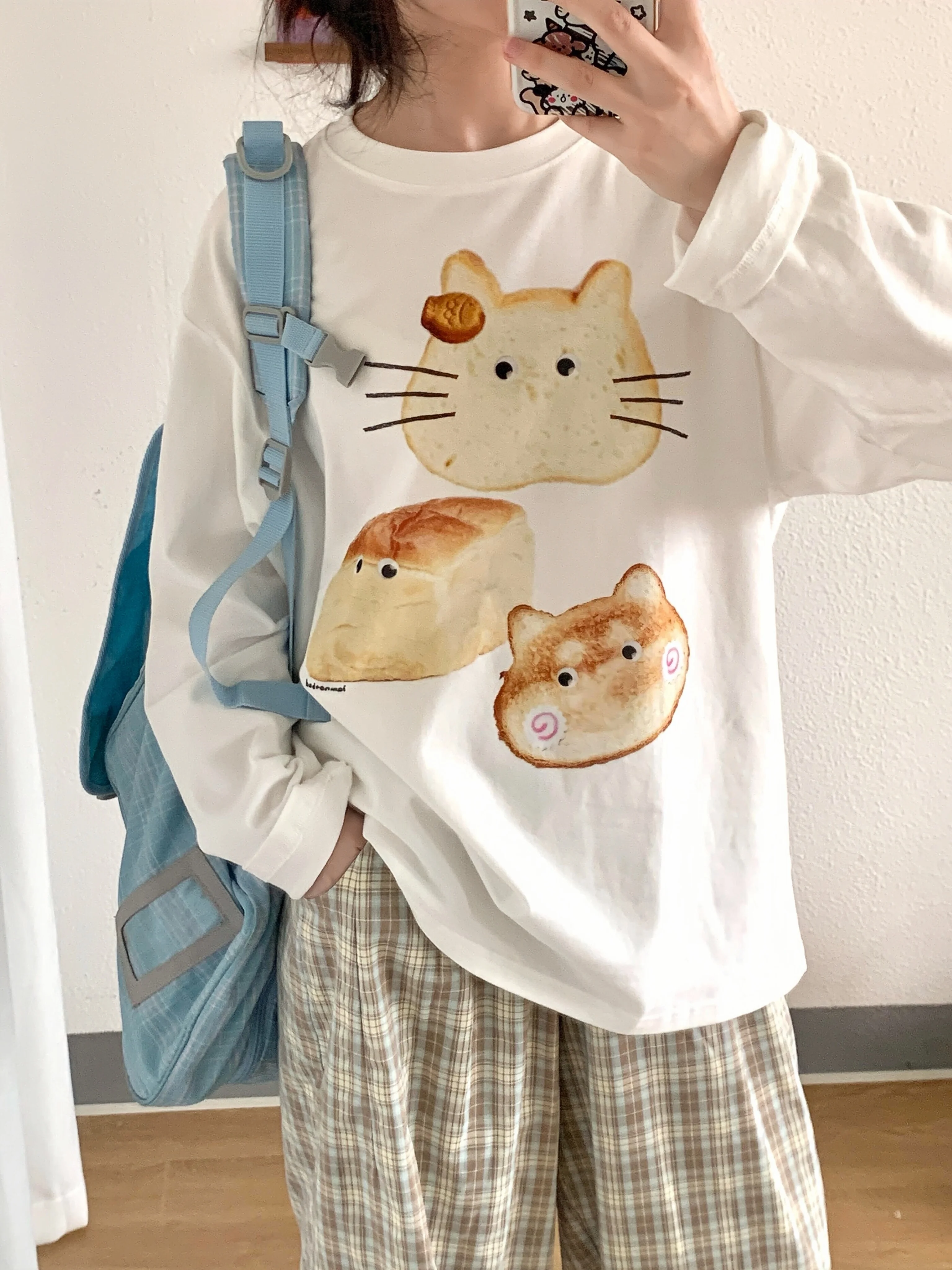 Sakura Bread  Long Sleeve T-Shirt Women's Loose Cotton Pure Fun Print Casual Style Autumn Top Female Fashion Comfortable