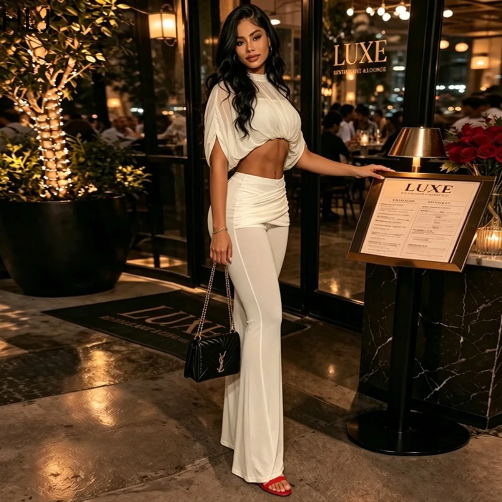 HLJ Women Sexy 2 Piece Matching Solid Sheer Mesh Batwing Sleeve Patchwork Crop Top + Flare Pants Sets Elegant Night Club Outfits view 3