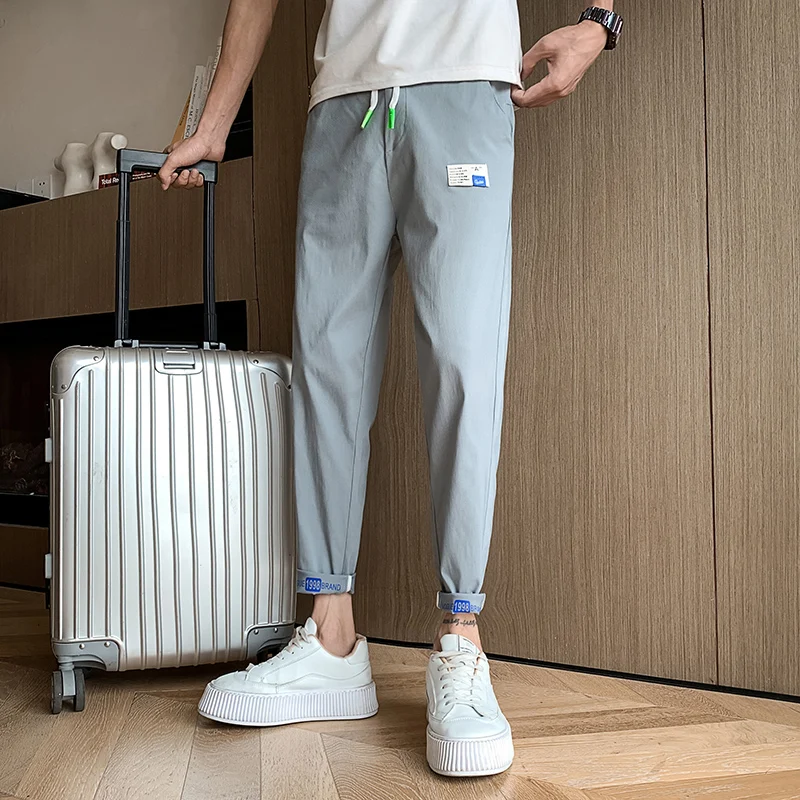 

Small Size Men's Casual Harem Pants Cuffed Loose Fit Nine Points Trousers Youth Spring Autumn Faion Bla ey White