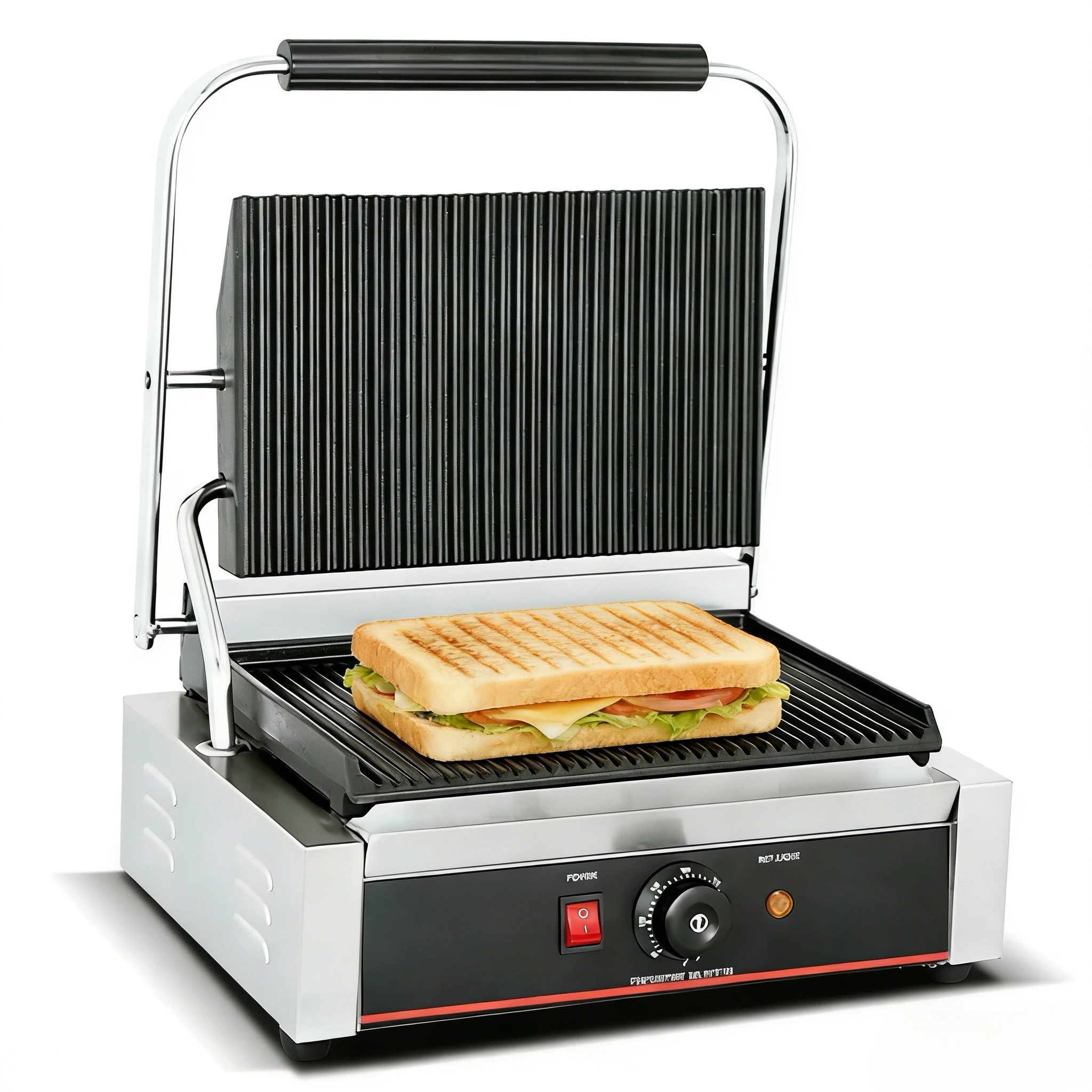 2200W Stainless Steel Electric Griddle Panini Fryer Temperature Control Grooved Plates For Hamburgers Steaks