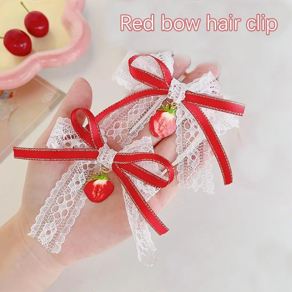 Strawberry Bow Hair Clip Sweet Bowknot Cute Korean Girls Female Hairpin Fashion Barrettes Lovely Headwear Hair Grip Bobby Pin