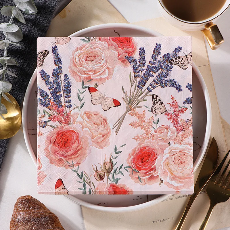 20Pcs 33x33cm Flower Printed Dinner Paper Disposable Tableware Napkin Tissues Wedding Birthday Party Decoration