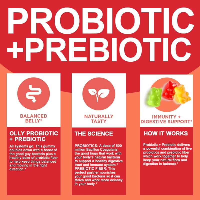 Probiotische + präbiotische Gummibärchen – unterstützen die Gesundheit von Verdauungen und Darm, lindert Blähungen und Verstopfung und stärkt die Immunität
