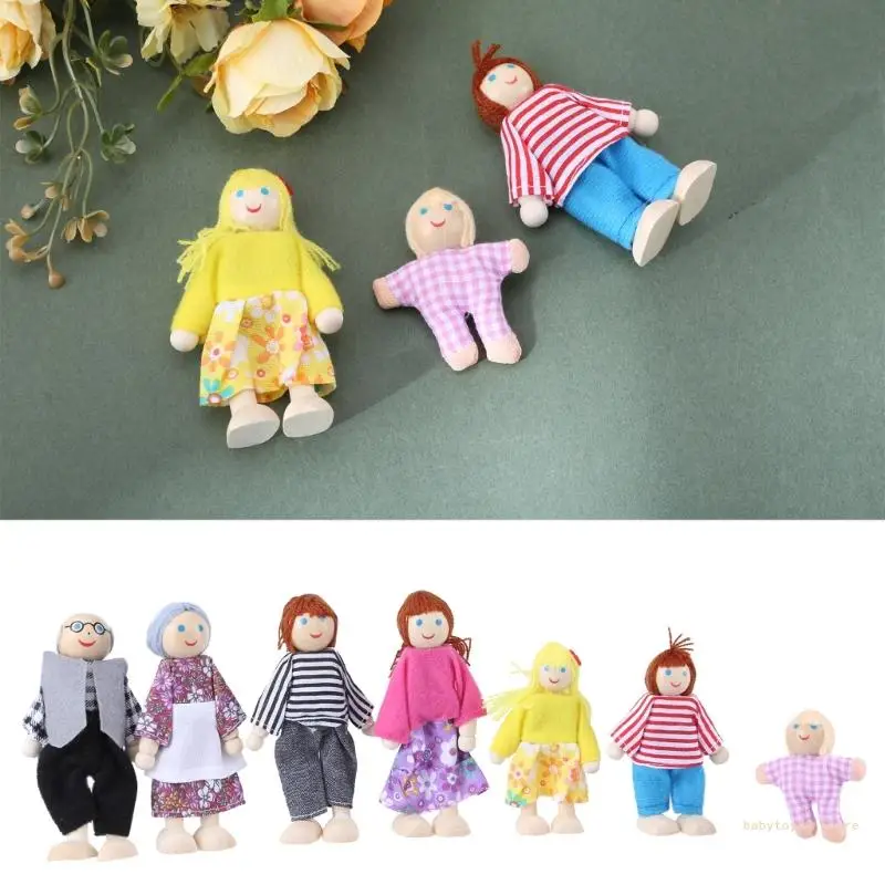 Y4UD 7pcs/set Happy House Family Dolls Wooden Figures Characters Dressed Kids Girls L