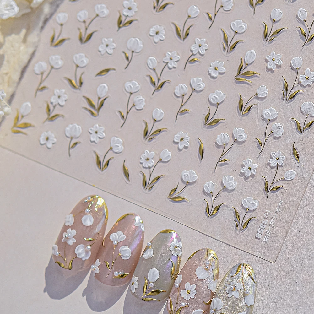 White Flower Gold Leaf Floral Petal Tulip Bloom Charming Retro Metal Soft Self Adhesive 5D Nail Art Sticker Manicure Decal DIY