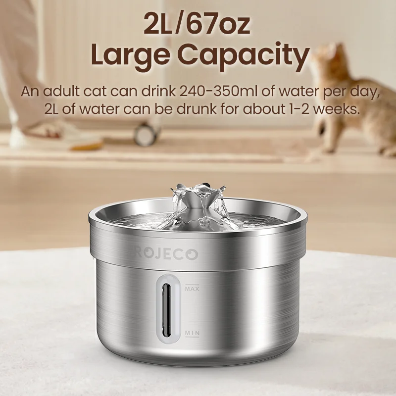 ROJECO Stainless Steel Pet Water Fountain Automatic Cat Drinking Fountain for Pet Dogs Drinker Rechargeable Pet Water Purifier
