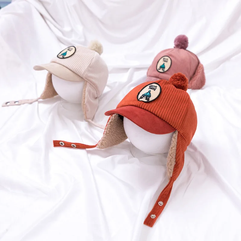 BELLBELL Autumn Winter Children Ushanka Hat Boys Fleece Baseball Cap Embroidered Lamb Fleece Warm Trapper Hat Girls Ear Flap Cap